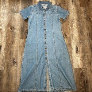 Vintage Studio West Denim Maxi Dress Branded Button Studs Sz M Western Cottage